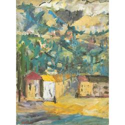 Continental School (Mid-20th century): Beach Houses, oil on canvas indistinctly signed and...