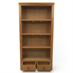 Contemporary oak open bookcase, fitted with two base drawers