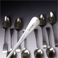 Pair of George III silver table spoons with engraved decoration London 1809 Maker Hester Bateman and eight other 19th century silver table spoons, various dates and makers (10) 