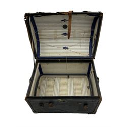 Early 20th century travel trunk, domed top with leather straps and metal rivet detailing, wooden frame with black canvas covering, interior lined with striped fabric, manufacturers mark to the inside 