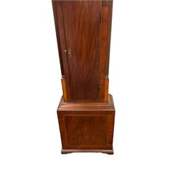 William Underhill of Newport (Shropshire) - Early 19th century mahogany longcase clock c1820,  with a swans necked pediment and inlaid paterae, break arch hood door flanked by reeded pilasters with Corinthian capitals, trunk with quarter columns and a wavy topped door, square plinth with inlay raised on a shaped plinth, painted dial with floral spandrels and moon phase disc to the arch, Arabic numerals and matching steel hands with subsidiary date and seconds hand, dial pinned directly to an 8-day rack striking movement, sounding the hours on a cast bell. With pendulum, weights and key.
