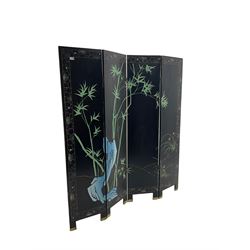 Chinese four panel folding screen, black lacquered with painted decoration
