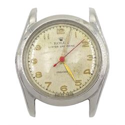 Rolex Oyster Speedking Precision gentleman's stainless steel manual wind wristwatch, circa 1946, Ref. 4220, serial No. 493355, silvered dial with gilt Arabic numerals and red seconds hand, in green Rolex pouch