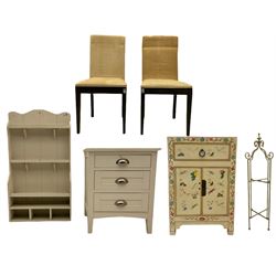 White painted wall hanging rack, three drawer pedestal chest, small painted cabinet, two high back dining chairs and a metal stand (6)