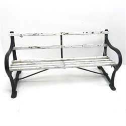 19th century black painted cast iron and wood slatted garden bench, L152cm, H72cm