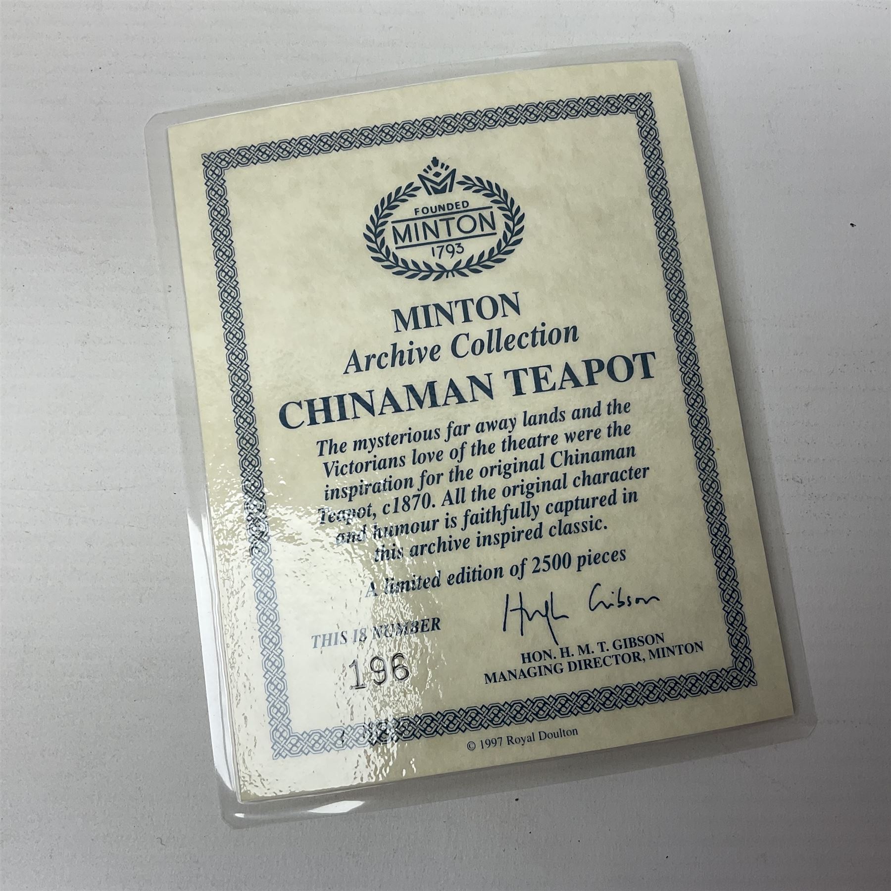 Minton Archive collection chinaman teapot, limited edition 196/2500, with certificate and original box