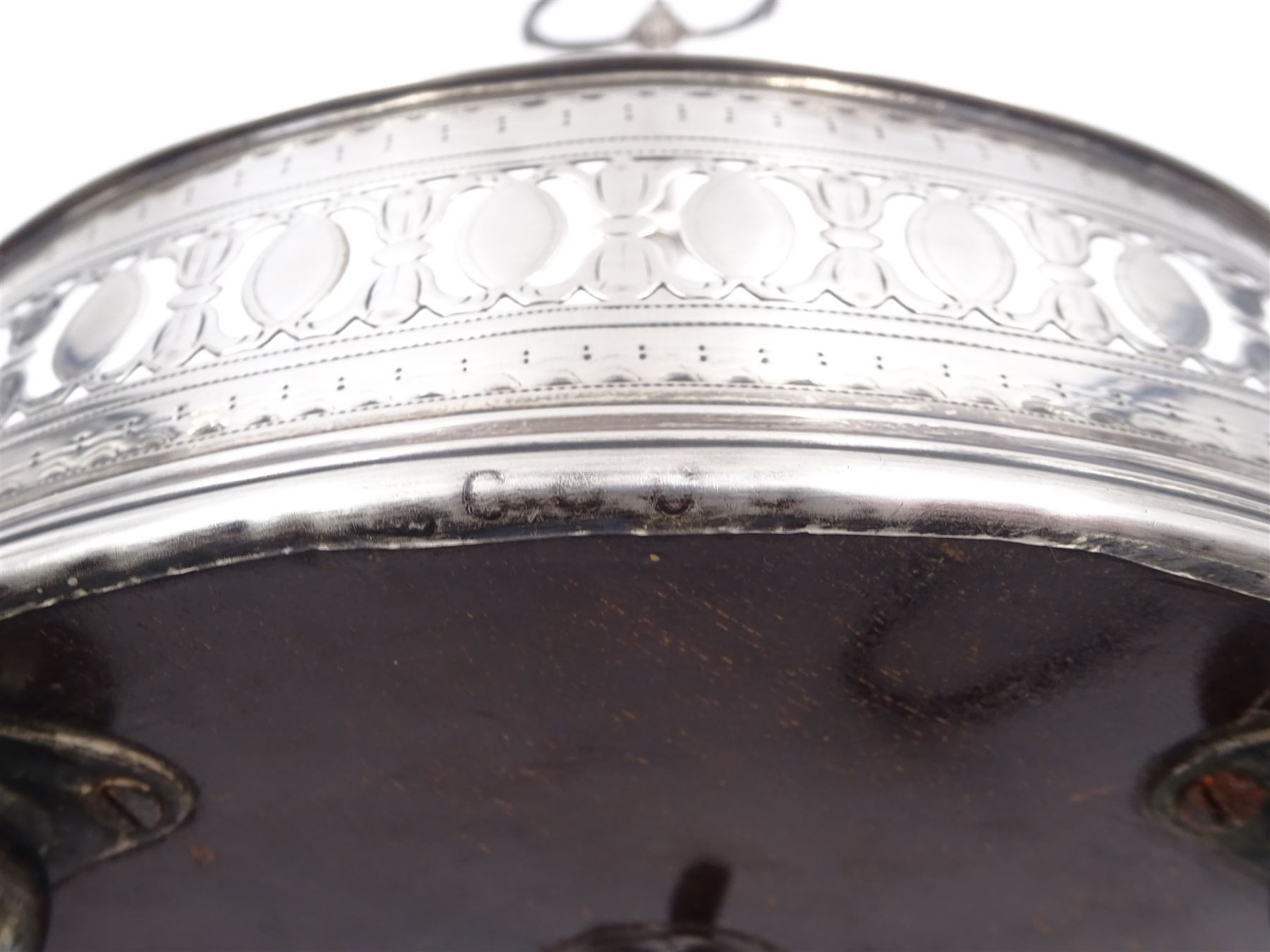 Late 18th century silver cruet stand, of oval form, with pierced sides upon four bun feet, hallmarked to handle Hester Bateman, all other hallmarks indistinct, together with five matched silver mounted cut glass cruet bottles, including some later Victorian examples, hallmarks predominantly indistinct, stand H20cm