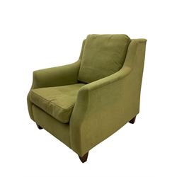 Wesley-Barrell two seat sofa and pair of matching armchairs, upholstered in sage linen fabric