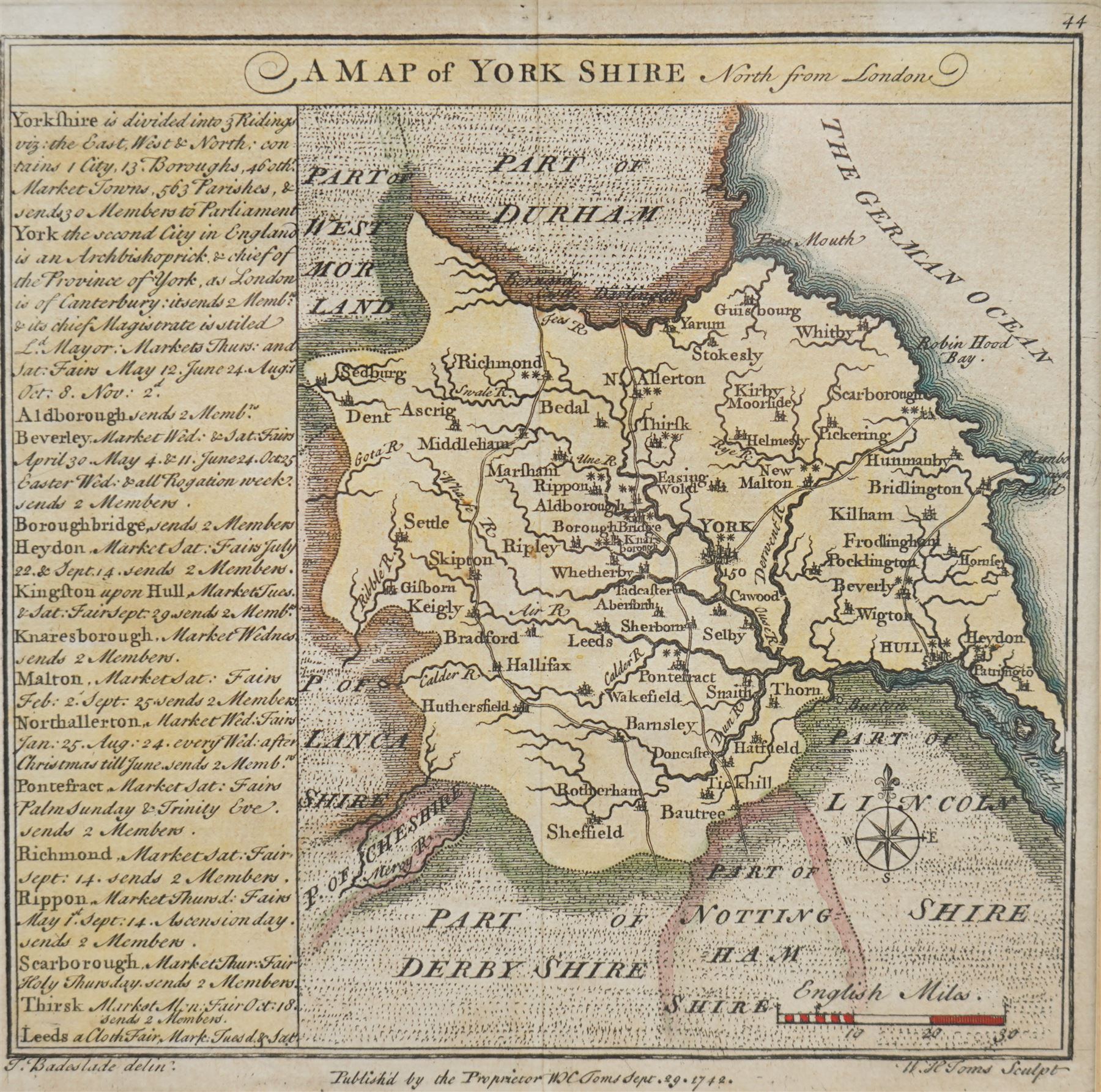 Richard Blome (British 1635-1705): 'A Mapp of Ye East Rideing of Yorkshire [East Riding Yorkshire]', 17th century engraved map with hand-colouring; Thomas Badeslade (British fl.c.1719–1750) and William Henry Toms (British c.1700-1765): 'A Map of Yorkshire North from London', 18th century engraved map with hand-colouring max 24cm x 29cm (2)