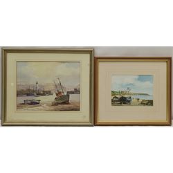 Don Micklethwaite (British 1936-): Scarborough Harbour and Coble Landing Filey, two watercolours signed 24cm x 30cm and 15cm x 20cm, and a print of trawlers after Jack Rigg print