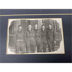 Warrant Officer Gordon Pearce D.F.C. R.A.F.V.R. - display of five medals comprising copy Distinguished Flying Cross, copy Air Crew Europe Star, 1939-45 Star, 1939-45 War Medal and Defence Medal; framed with RAF cap badge, two copy photographs in uniform and copy of investiture letter; mounted and glazed in pine frame 34 x 66cm