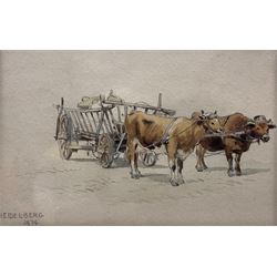 John Sowden (Bradford 1838-1926): Ox Cart in 'Heidelberg', watercolour and pencil unsigned, titled and dated 1874 in the artist's hand 10.5cm x 16cm 
Provenance: with Kirkgate Picture Gallery Thirsk, label verso
