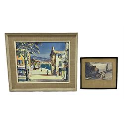 G Hann British, (1900 - 1979); print cityscape, together with three other landscapes, painting on papyrus etc (6) 