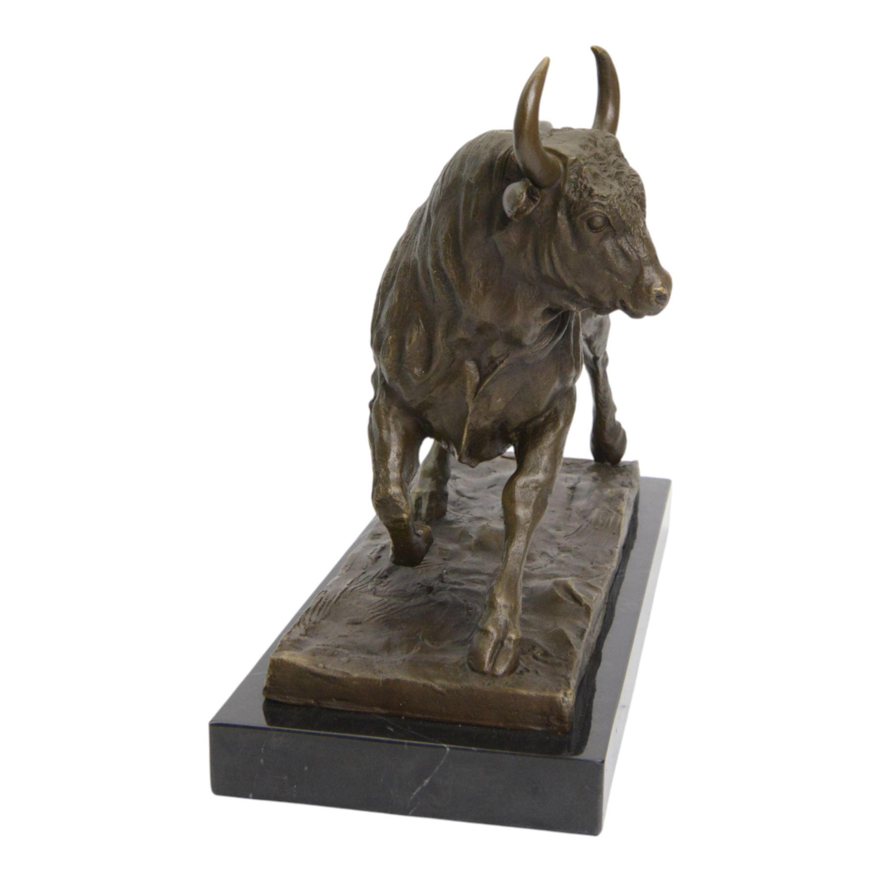 Bronze figure, modelled as a prancing bull, signed Milo, upon a marble rectangle base, base W36cm 