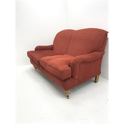 Laura Ashley Twickenham three seat sofa upholstered in a red fabric, turned supports (W188cm) and matching two seater (W160cm)