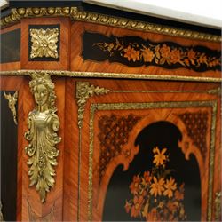 Late Victorian floral marquetry and ormolu mounted side cabinet, with white marble top above a frieze of floral inlay, single cupboard door revealing a shelved interior, with central floral bouquet panel within gilt-bronze border, flanked by gilt metal mounts of female masks and scrolls, on shaped plinth base
