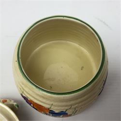 Clarice Cliff Bizarre for Newport Pottery, beehive honey pot with cover in Crocus pattern,  with printed mark beneath, H9cm