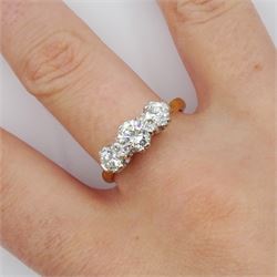 18ct gold three stone round brilliant cut diamond ring, London 1976, total diamond weight approx 1.20 carat