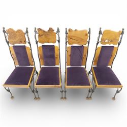 Paul Hodgkiss Designs of Glasgow - contemporary shaped elm dining table with wrought iron base; with set ten (8+2) matching high-back dining chairs, table of organic form above an elaborate wrought iron supports, with central elm stretcher, the chairs with en suite with matching wrought iron work burred elm headrest, purple velour upholstery with drop in seat     

Table: W 102cm, L 243cm, H 74cm
Chairs: W 56cm, D 52cm, H 130cm