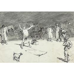 H St. Pierre Bunbury (British c.1883-1916): 'Street Performance', pen and ink signed with initials and dated 1902, 19cm x 28cm