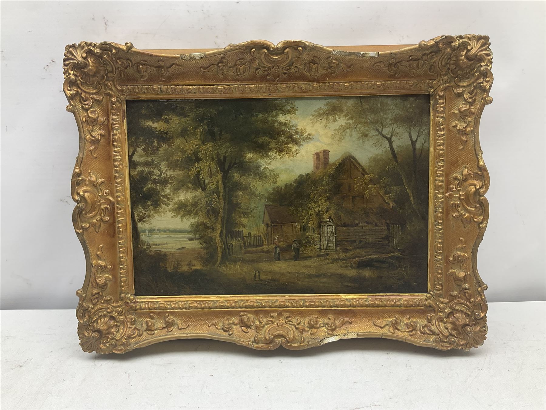 English School (19th century): Cottage by the Lake, oil on panel unsigned 21cm x 31cm