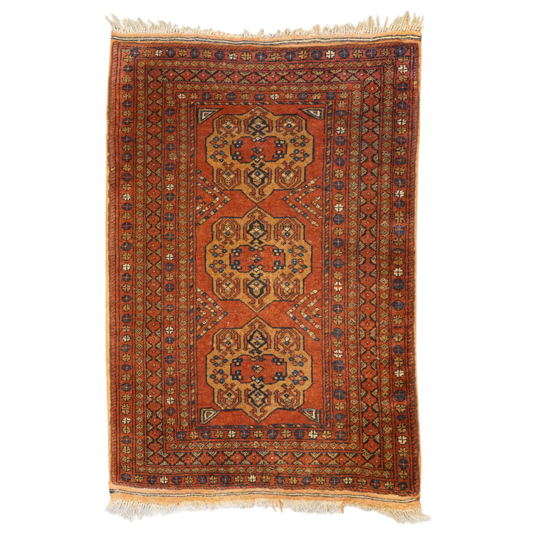 Bokhara red ground rug, the field decorated with three Gul motifs, within multiple borders with repeating geometric patterns (146cm x 103cm); together with an Afghan rug (144cm x 100cm)