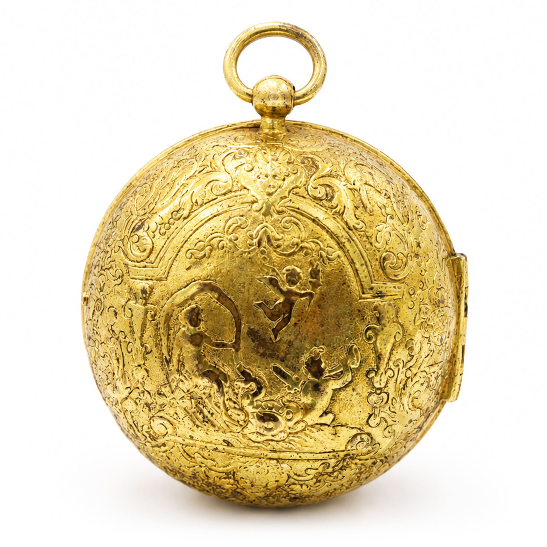 18th century French open face gilt verge fusee pocket watch by Jacques Panier, Paris, Egyptian pillars and pierced balance cock, embossed gilt dial with enamelled Roman numerals cartouches and inner enamel quarter hour track ring, the repousse back case decorated with angels in a classical setting