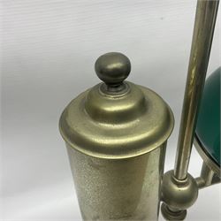 William H Honey polished brass adjustable student's oil lamp, with green glass shade, H60cm