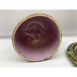 Victorian Majolica cheese dome and dish, decorated with a band of stiff leaf pattern in the Whieldon type pallet, H30cm