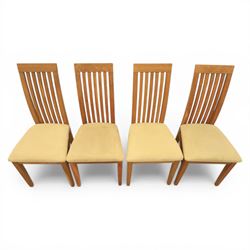 Contemporary teak dining suite comprising extending table and eight chairs, the table with rectangular plank top and one additional leaf extending to 210cm, supported on square tapering legs, the chairs with tall slatted backs and cream upholstered seats