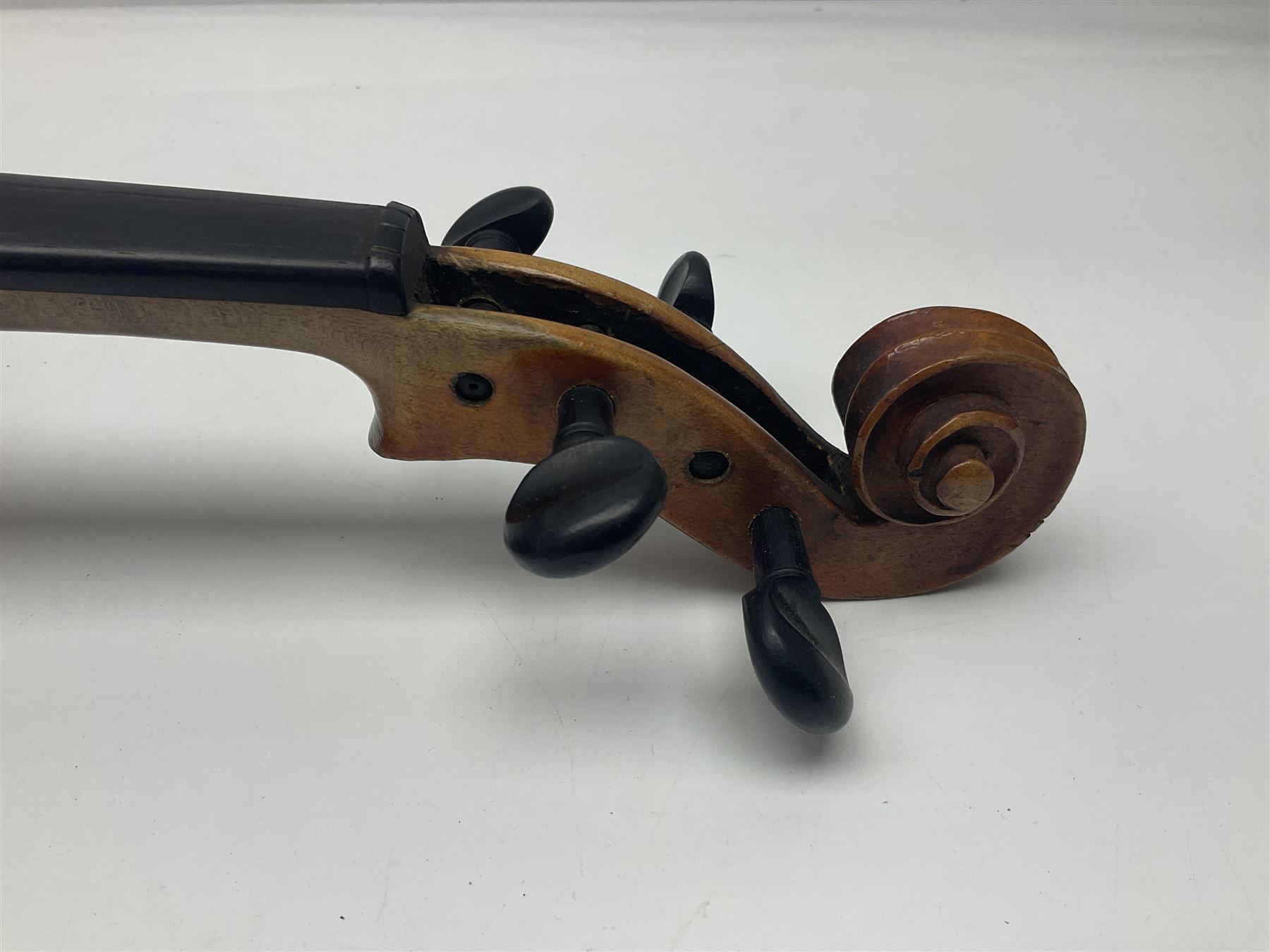 German violin c1900 for re-assembly with 36cm two-piece maple back and ribs and spruce top; L59cm; in ebonised wooden 'coffin' case with two bows