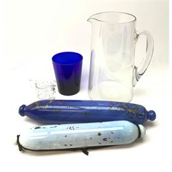 Two Victorian glass rolling pins, the larger blue example inscribed 'Remember Me' between floral sprays, largest L33.5cm, together with a late Victorian clear glass jug, H24cm, Bristol Blue type tumbler, and small moulded cream jug. 