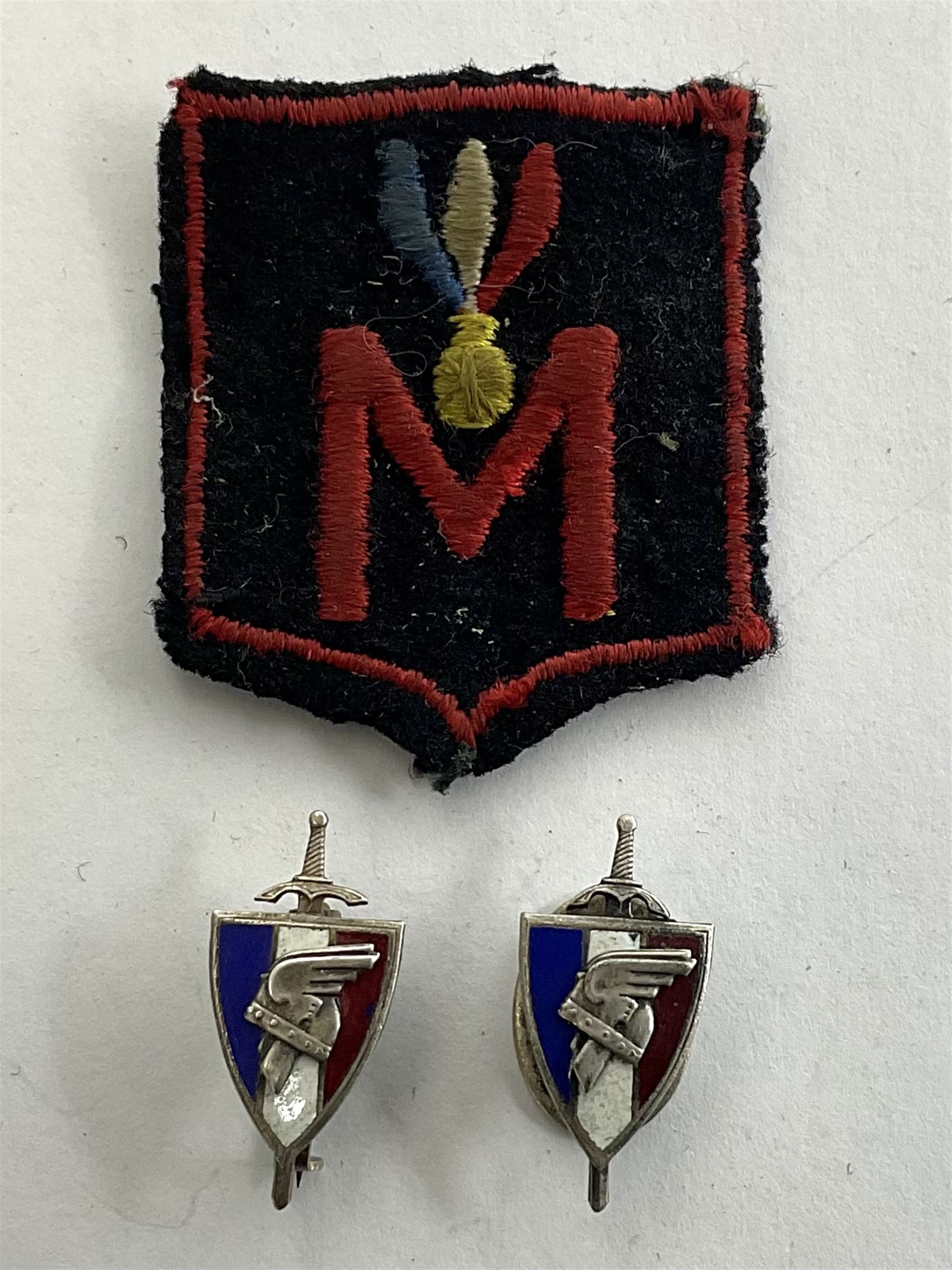 WWII French Milice cloth badge, together with two 1940's Legion Francaise des Combatants insignias 