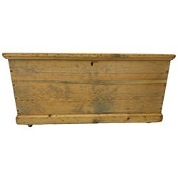 Victorian pine blanket box, hinged lid, fitted with carrying handles, on castors