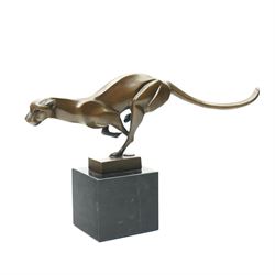 Bronze figure of running cheetah, upon a rectangular marble base, signed and with foundry ...