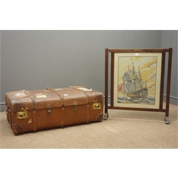  Early 20th century travelling trunk, hinged lid with clasps, (W92cm, H33cm, D57cm) and an oak fire screen with needle work depicting a ship at sea, brass plaque engraved 'The Mayflower, Elizabeth Duncan, Xmas 1936'  