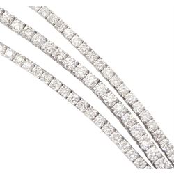 18ct white gold diamond three row bracelet, each four claw set with round brilliant cut diamonds, stamped, total diamond weight approx 7.70 carat