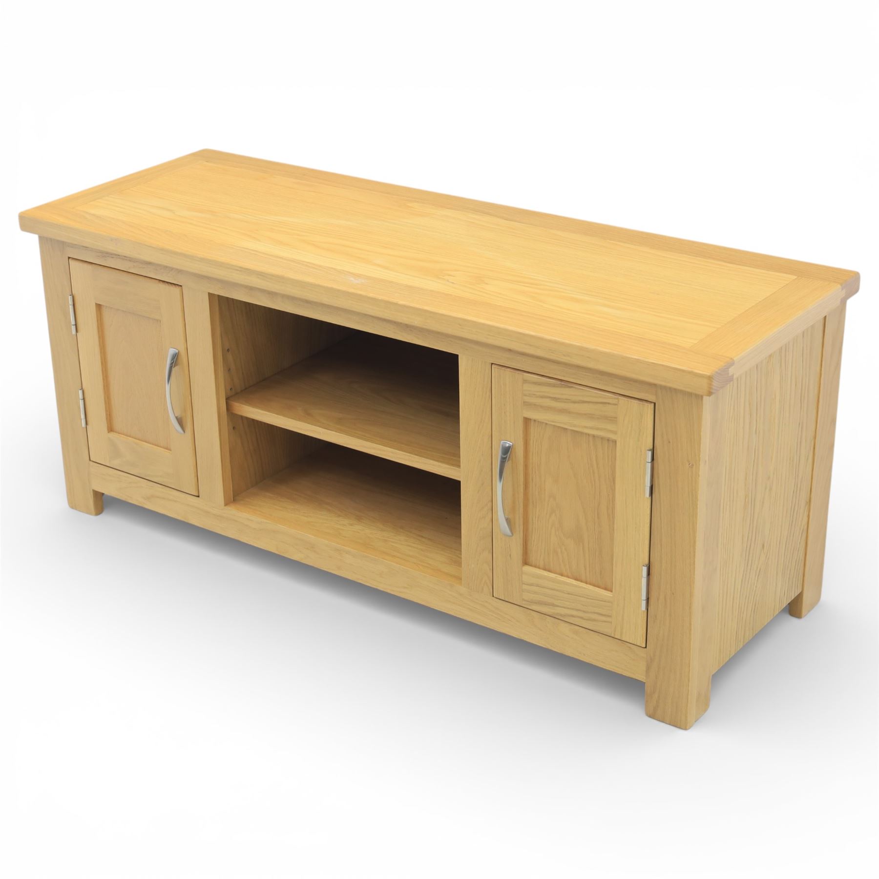 Contemporary oak television media cabinet, rectangular top fitted with two cupboards and central open shelf