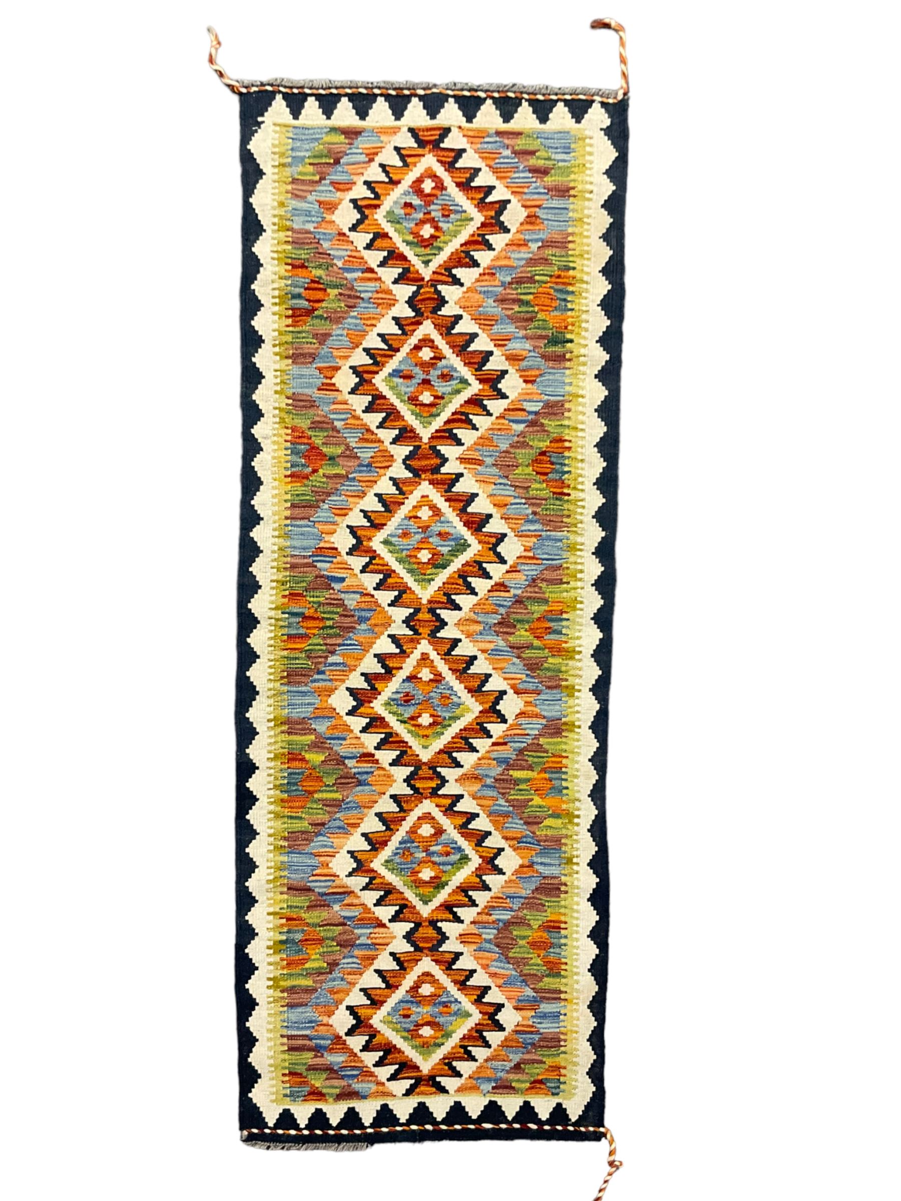 Chobi Kilim runner, geometric design decorated with six lozenges, multi-coloured ground