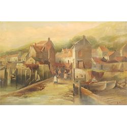 BME (British 19th century): Unloading on the Slipway Robin Hood's Bay, oil on canvas signed with initials 50cm x 75cm