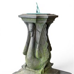Late 20th century terracotta twin swan sundial, well figured seated back to back with shaped top, raised on four sectional base. Measurements exclude base.
Base: 60cm x 60cm