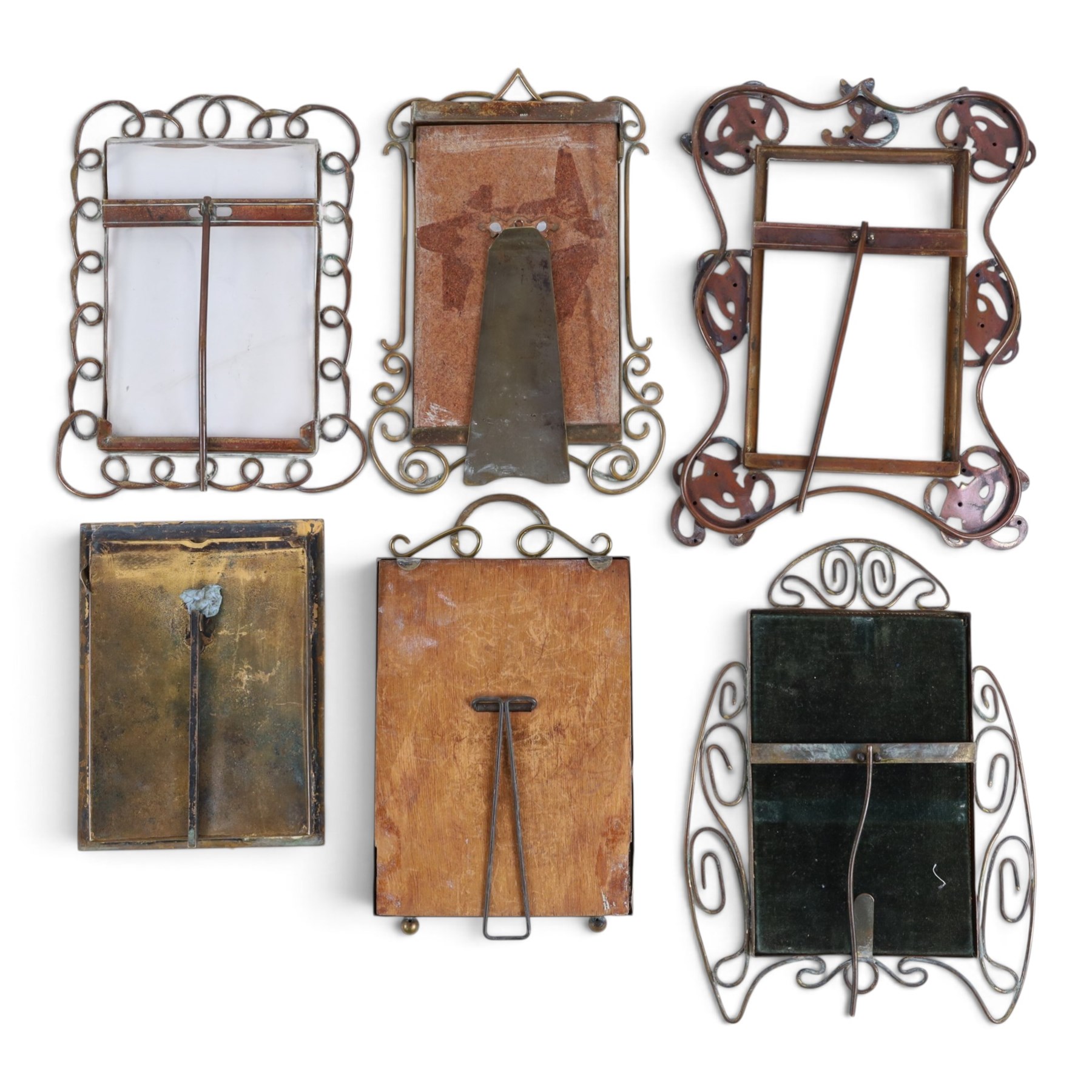 Collection of brass photo frames, including wire work examples, largest H37cm