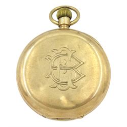 Early 20th century 9ct gold open face keyless lever pocket watch by J. W. Benson, London, white enamel dial with Roman numerals and subsidiary seconds dial, back case engraved with initials EB, London 1933