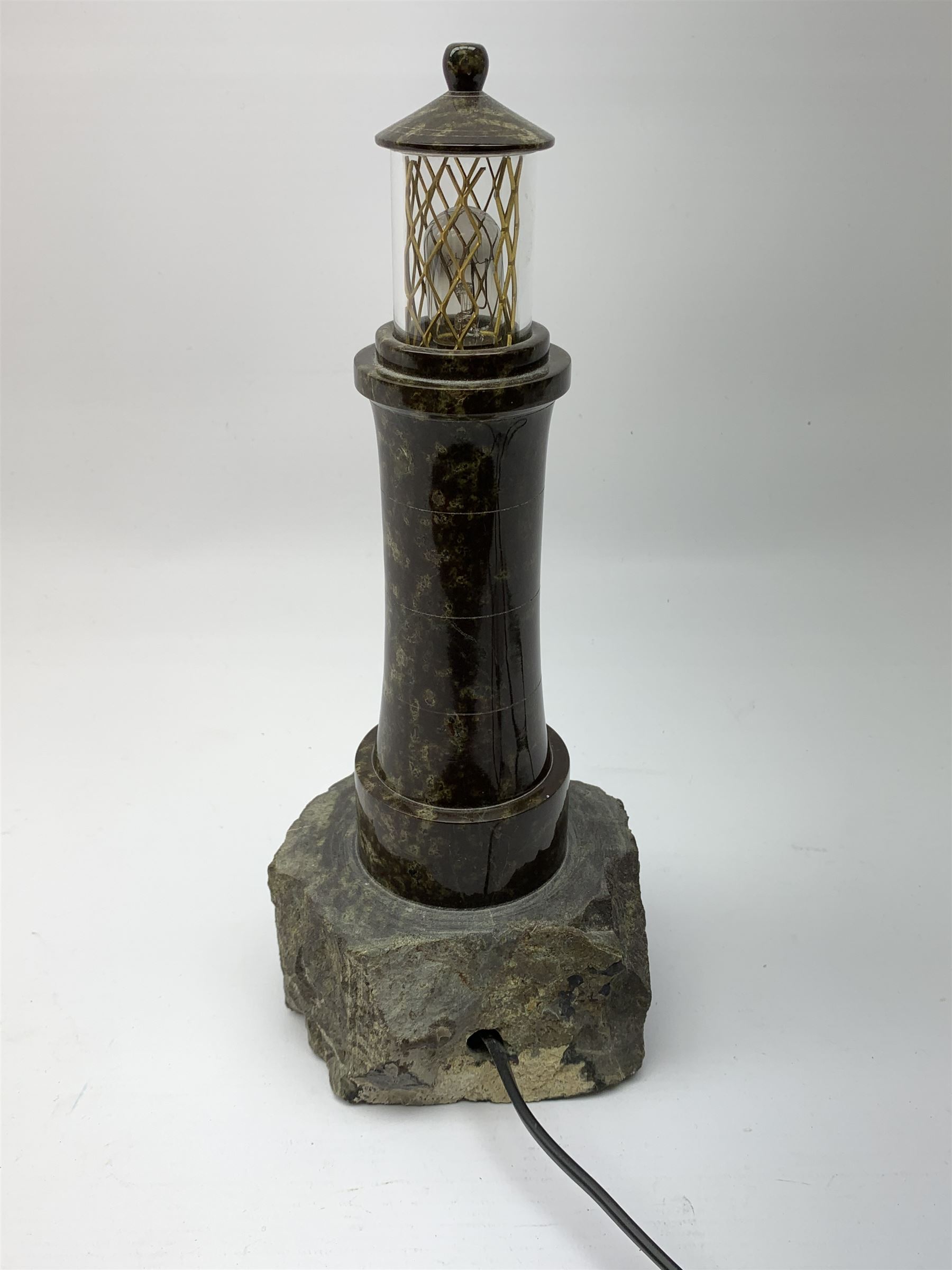 20th century Cornish Serpentine table lamp modelled as a lighthouse, H29cm  
