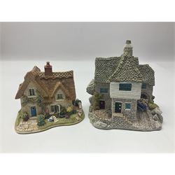 Ten Lilliput Lanes, comprising from Midlands Region Witham Delph, Jun and Disorderly, From South West Region Puffin Row, Moonlight Cove, The Cuddy, and from South West Region, The Rustlings, Saxton Cottage (1988), Marigold Meadow, Calendar Cottage and Little Lupins, all with boxes and deeds 