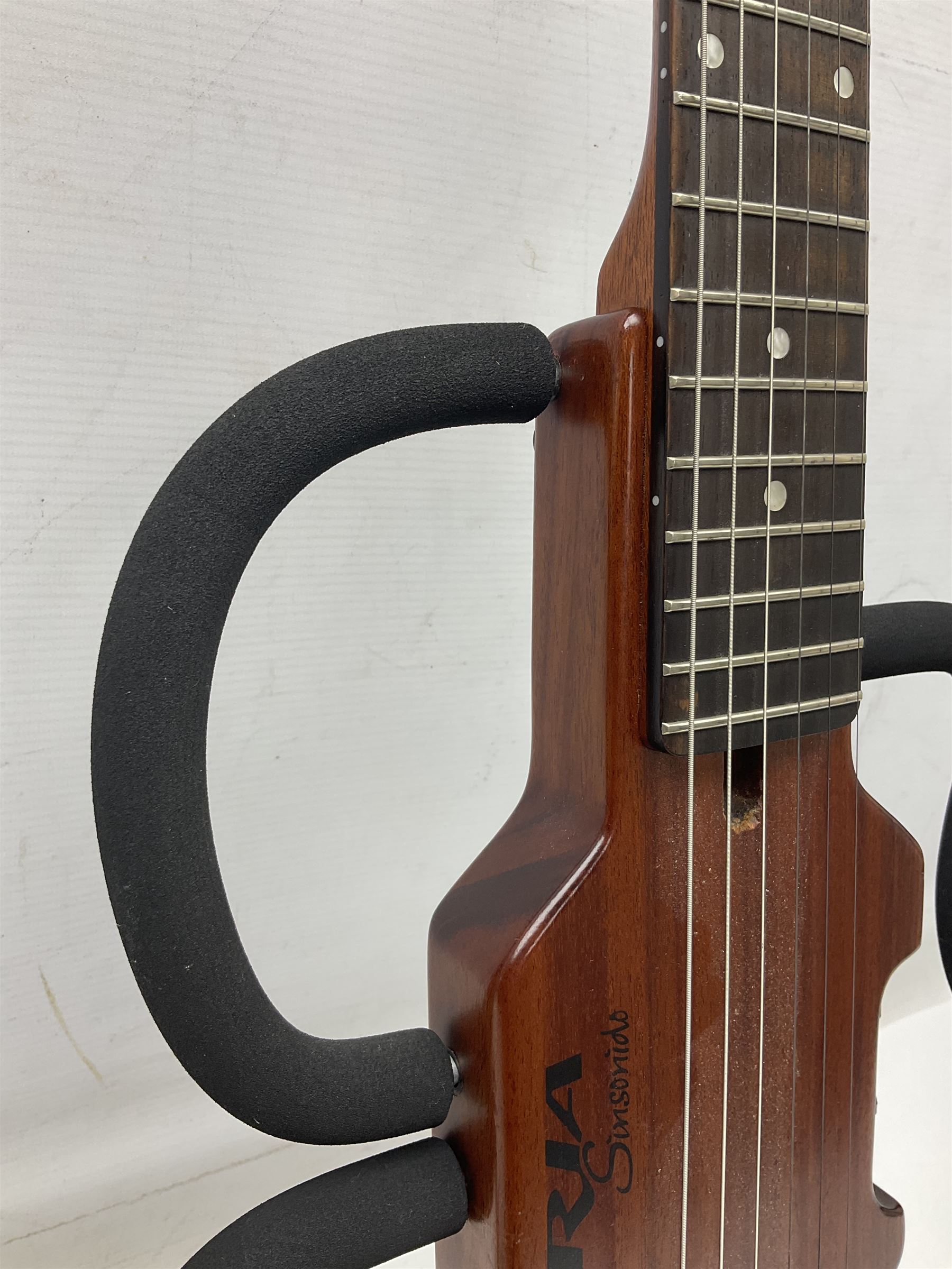 Aria Sinsonido mahogany electric travel guitar, serial no.0502385 L86cm; in original gig bag with earphones and GM11 Minituner; together with Fender Sidekick Reverb 25 amplifier and Marshall MG Series 15DFX amplifier (3)