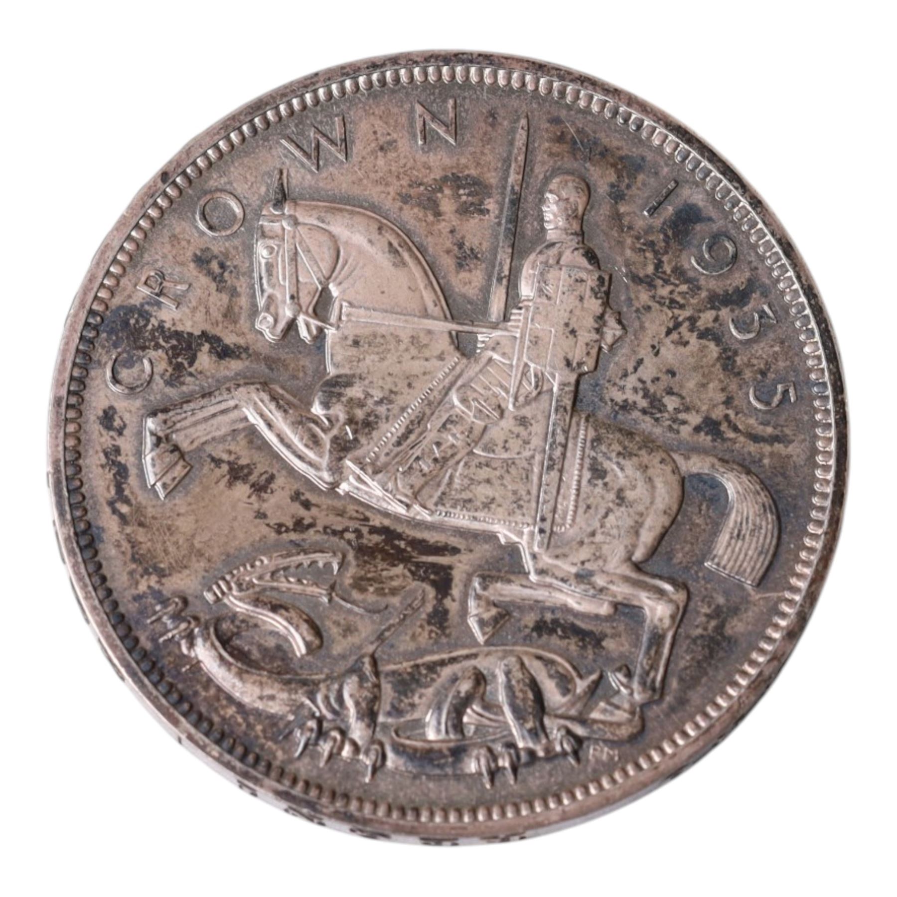 King George V 1935 'Rocking Horse' silver proof one crown coin, with raised edge lettering