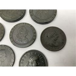 Two George III halfpenny coins dated 1799 and 1806, four pennies dated three 1806 and 1807, four 1797 cartwheel pennies and three 1797 cartwheel two pence coins