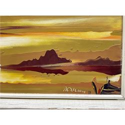 George Richard Deakins (British 1911-1982): Boats at Sunset, oil on board signed 14cm x 45cm 