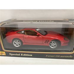Three Maisto Special Edition 1:18 scale die-cast models - Porsche 550A Spyder, Jaguar 'S' Type and Ferrari 550 Maranello; all boxed; five other unboxed Maisto/Bburago 1:18 scale models; and two Classic Collection lead crystal models of Classic Cars (10)